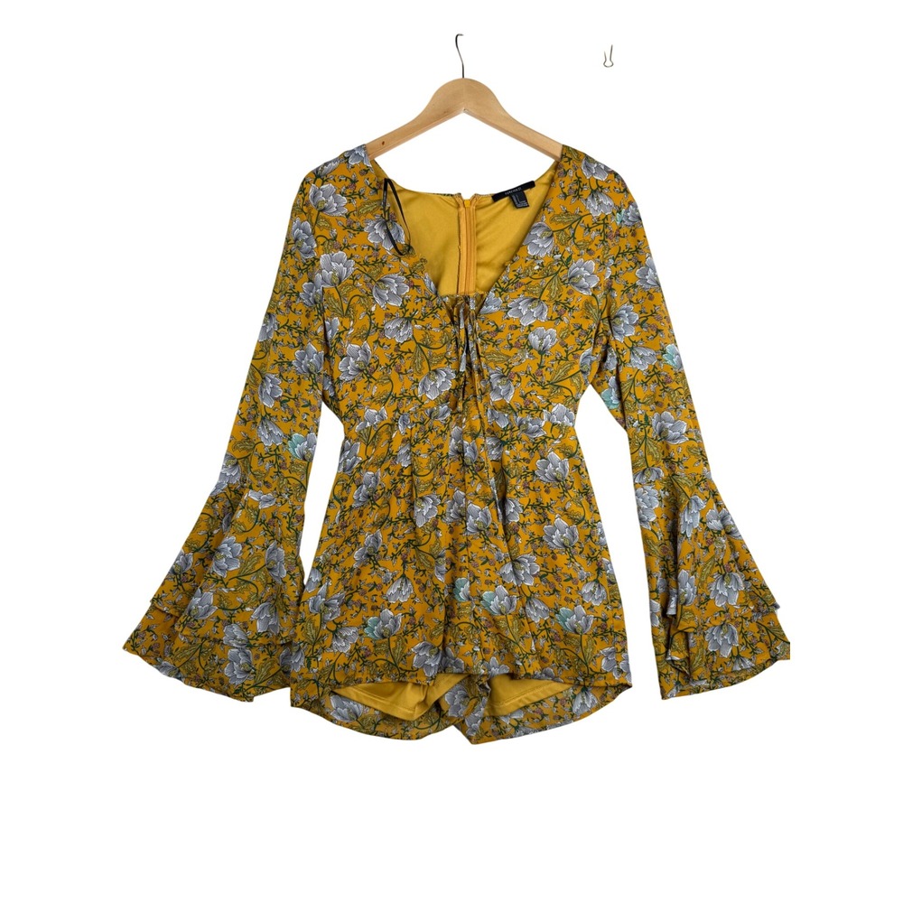 Forever 21 Floral Print Bell Sleeve Lace Up Romper size Large Yellow